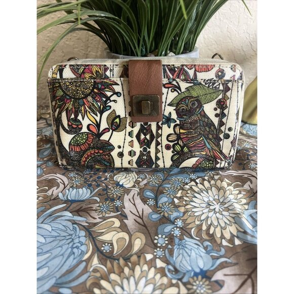 Sakroots Women's Ivory/Brown Coated Canvas Floral Print Zipper Wallet H4"xW6.5" - Picture 1 of 6